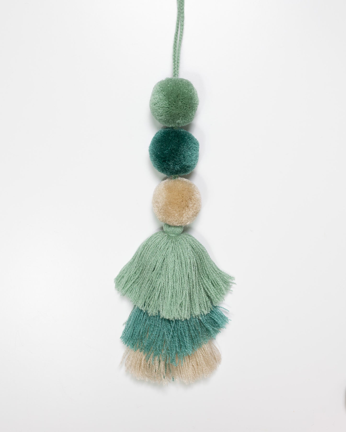 Triple Pom Tassel Bag Charm - Teal, Sage Green and Cream Mixed
