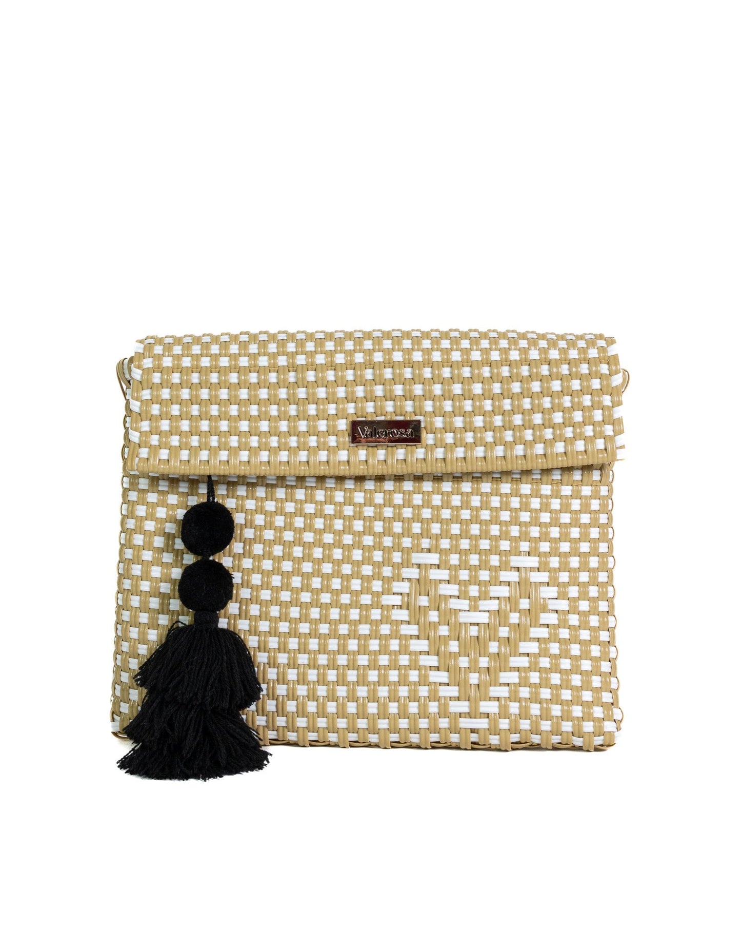A clutch purse with a beige and white checkered pattern with heart design in right corner, featuring a black tassel on the front.