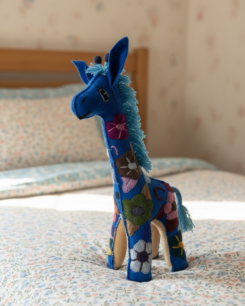 Large Cobalt Blue Handmade Plush Stuffed Giraffe