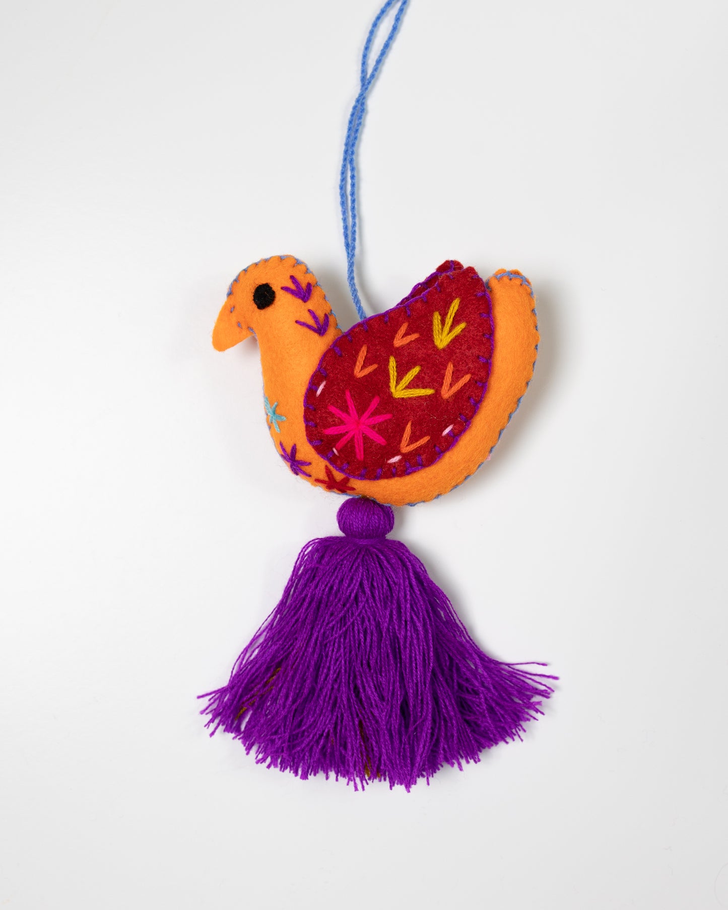 Orange and Red Dove Bag Charm with Purple Tassel