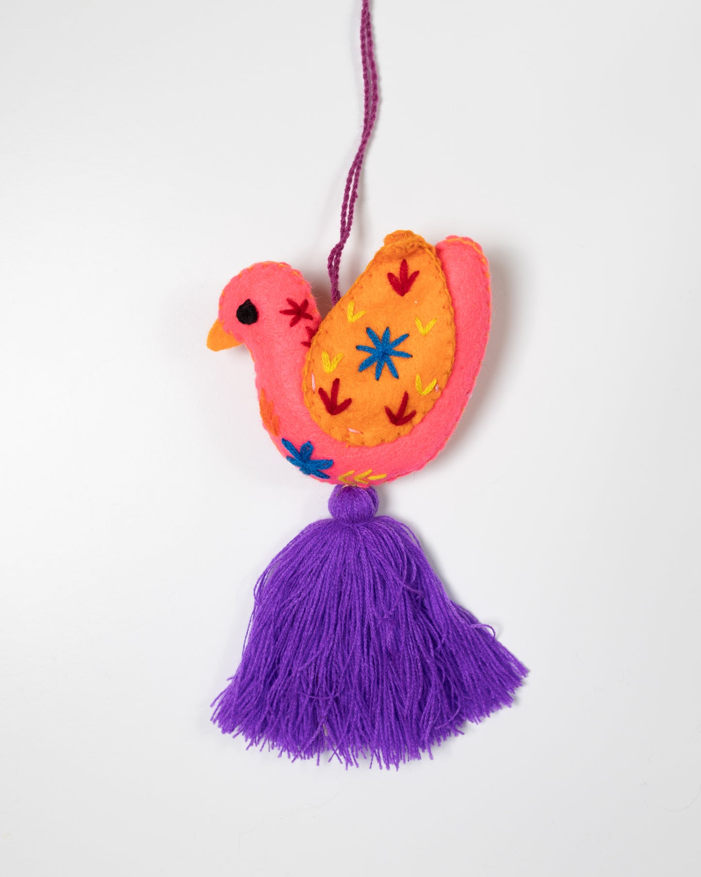 Salmon and Orange Dove Bag Charm with Purple Tassel