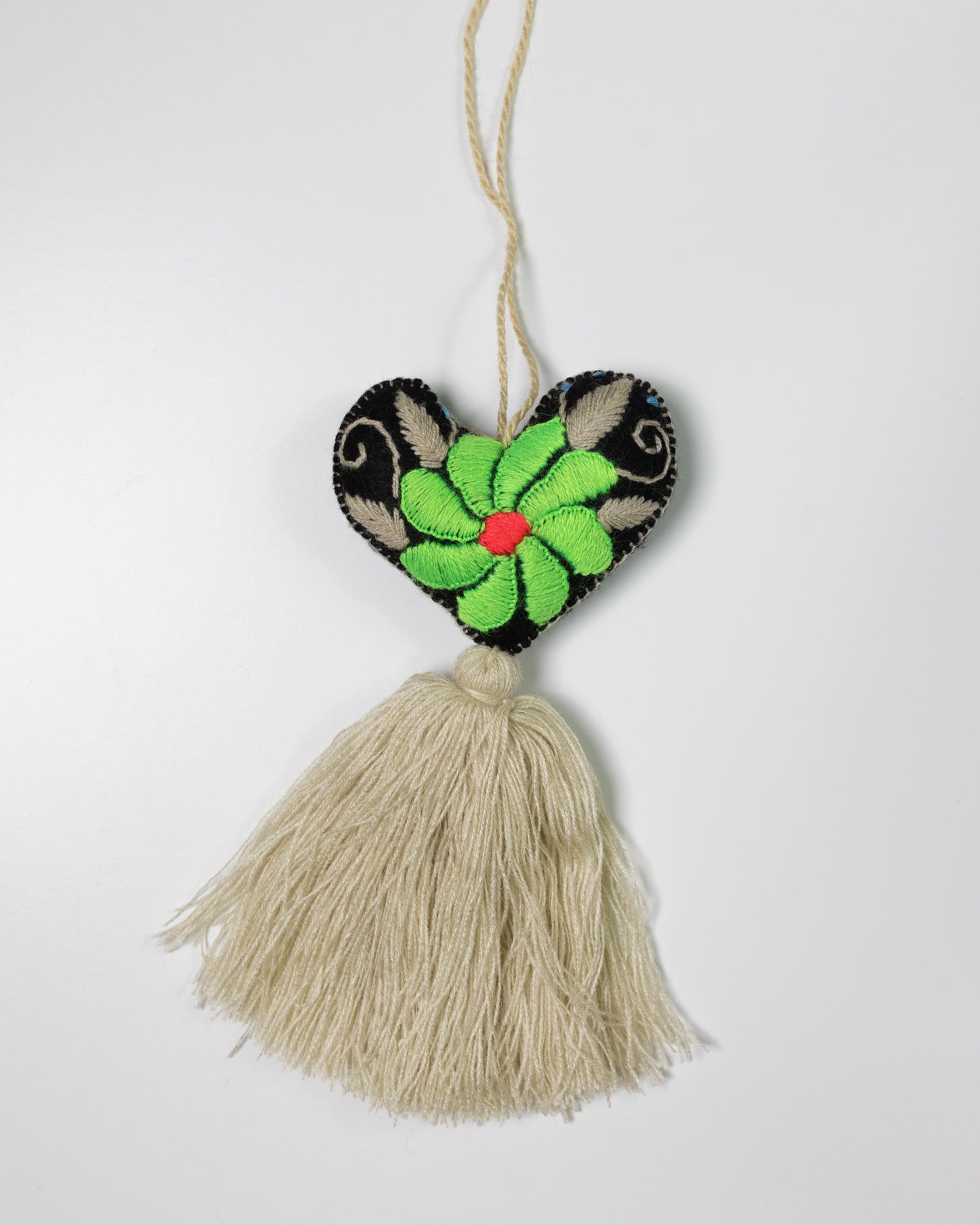 Bold Floral Heart Tassel Bag Charm - Bright Green