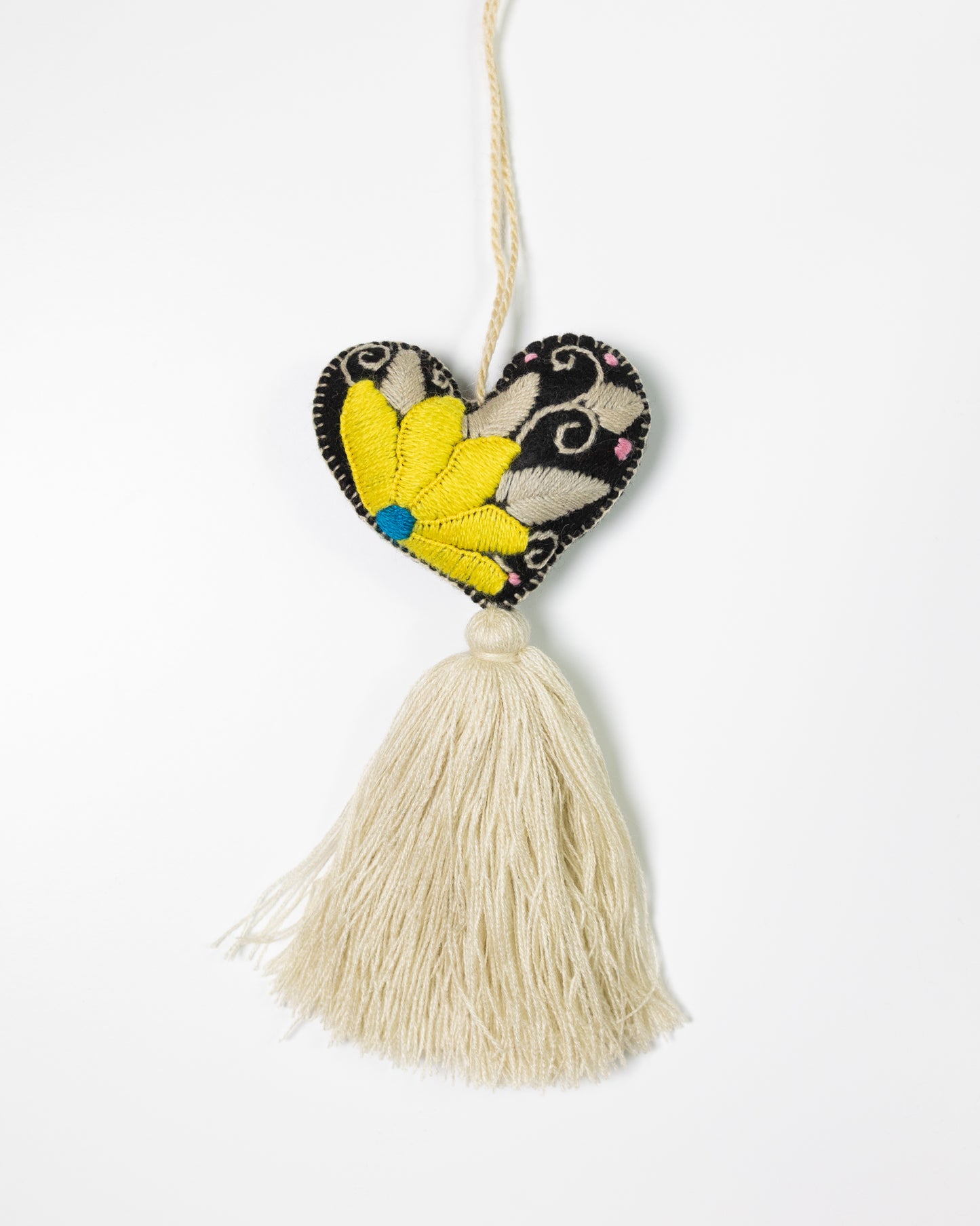 Bold Floral Heart Tassel Bag Charm - Bright Yellow