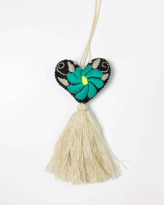 Bold Floral Heart Tassel Bag Charm - Teal