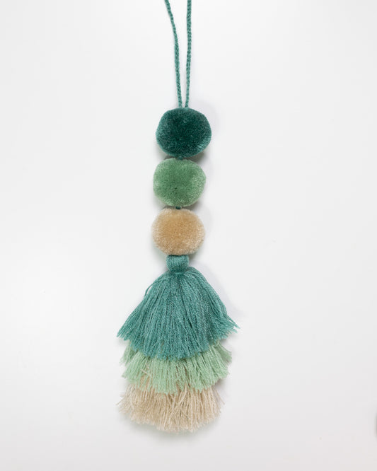 Triple Pom Tassel Bag Charm - Teal, Sage Green and Cream Mixed