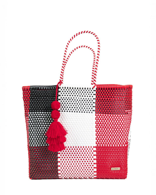 A black and red checkered medium tote bag with red and white handles. Red, white or black tassel will be included with each bag.
