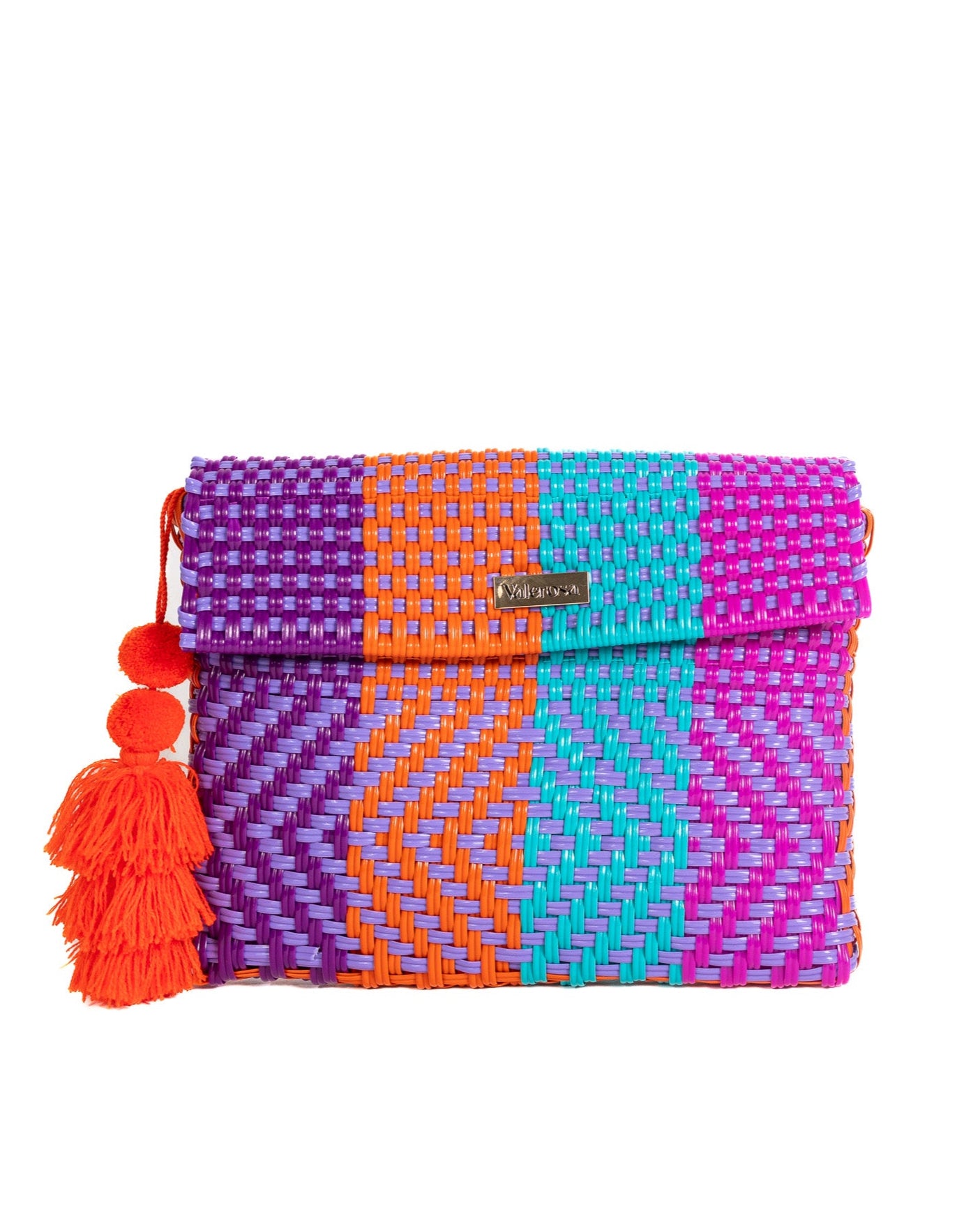 Colorful woven clutch with purple, orange, teal and pink stripes with tassels on a white background