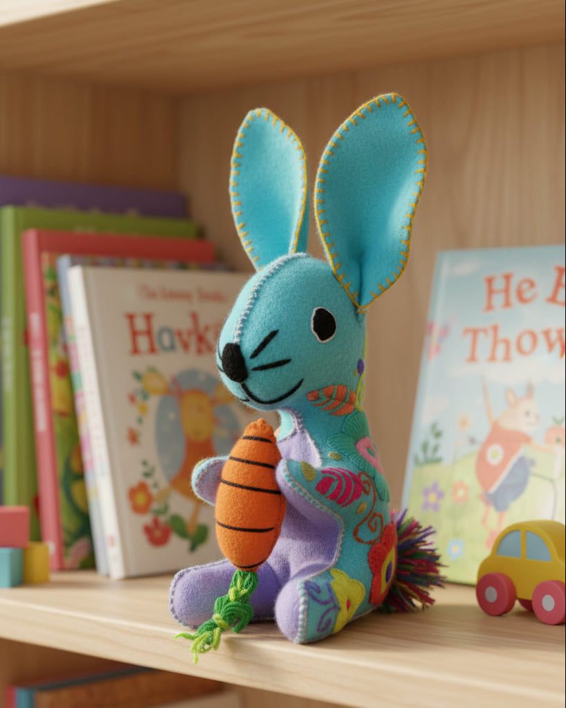 A colorful handmade plush bunny toy holding an orange carrot sitting on a kid's bookshelf. 