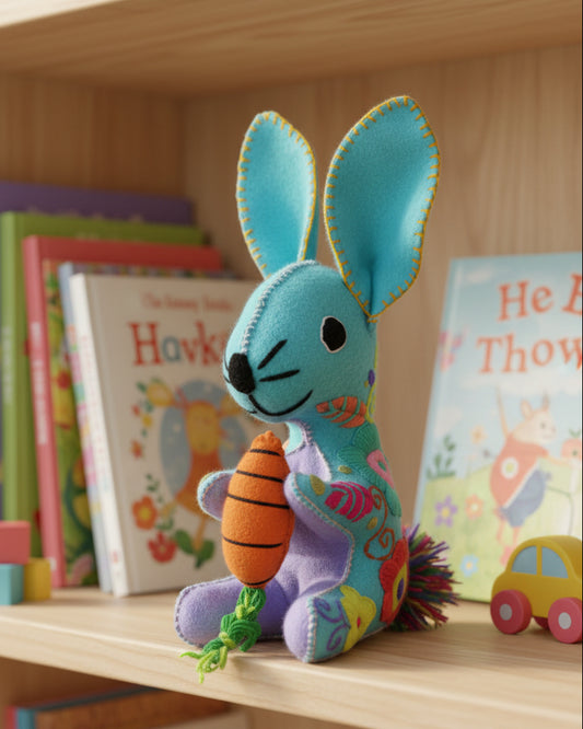 A colorful handmade plush bunny toy holding an orange carrot sitting on a kid's bookshelf. 