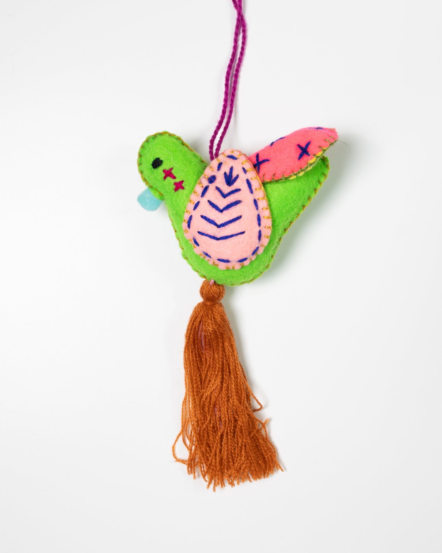 Green Hummingbird Bag Charm with Dark Orange Tassel
