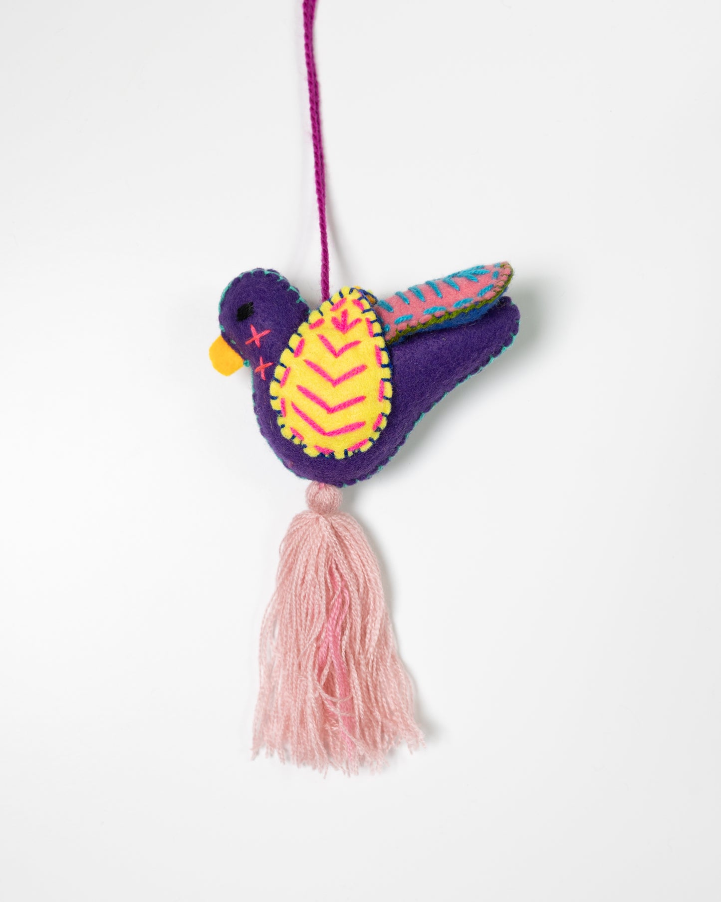 Dark Purple Hummingbird Bag Charm with Light Pink Tassel