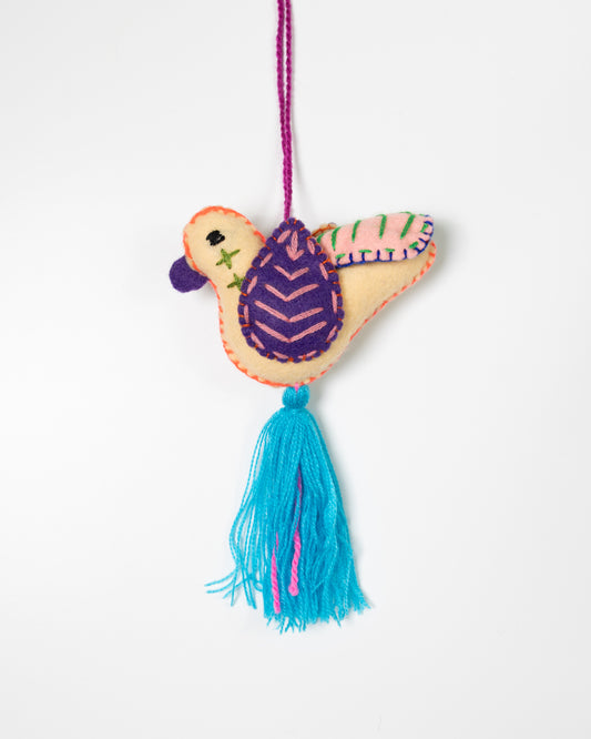 Cream Hummingbird Bag Charm with Blue Tassel