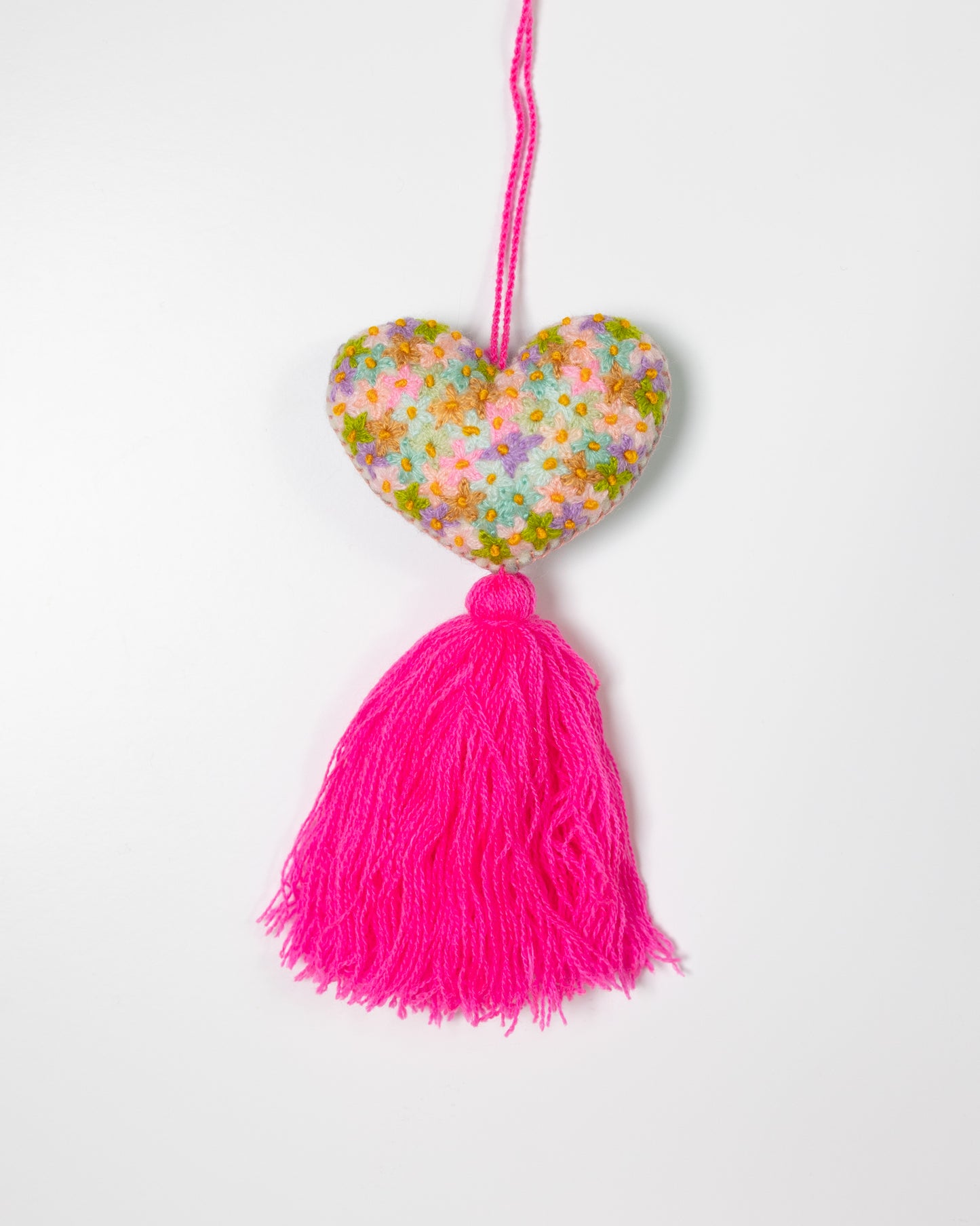 Colorful Flower Heart Tassel Bag Charm - Hot Pink