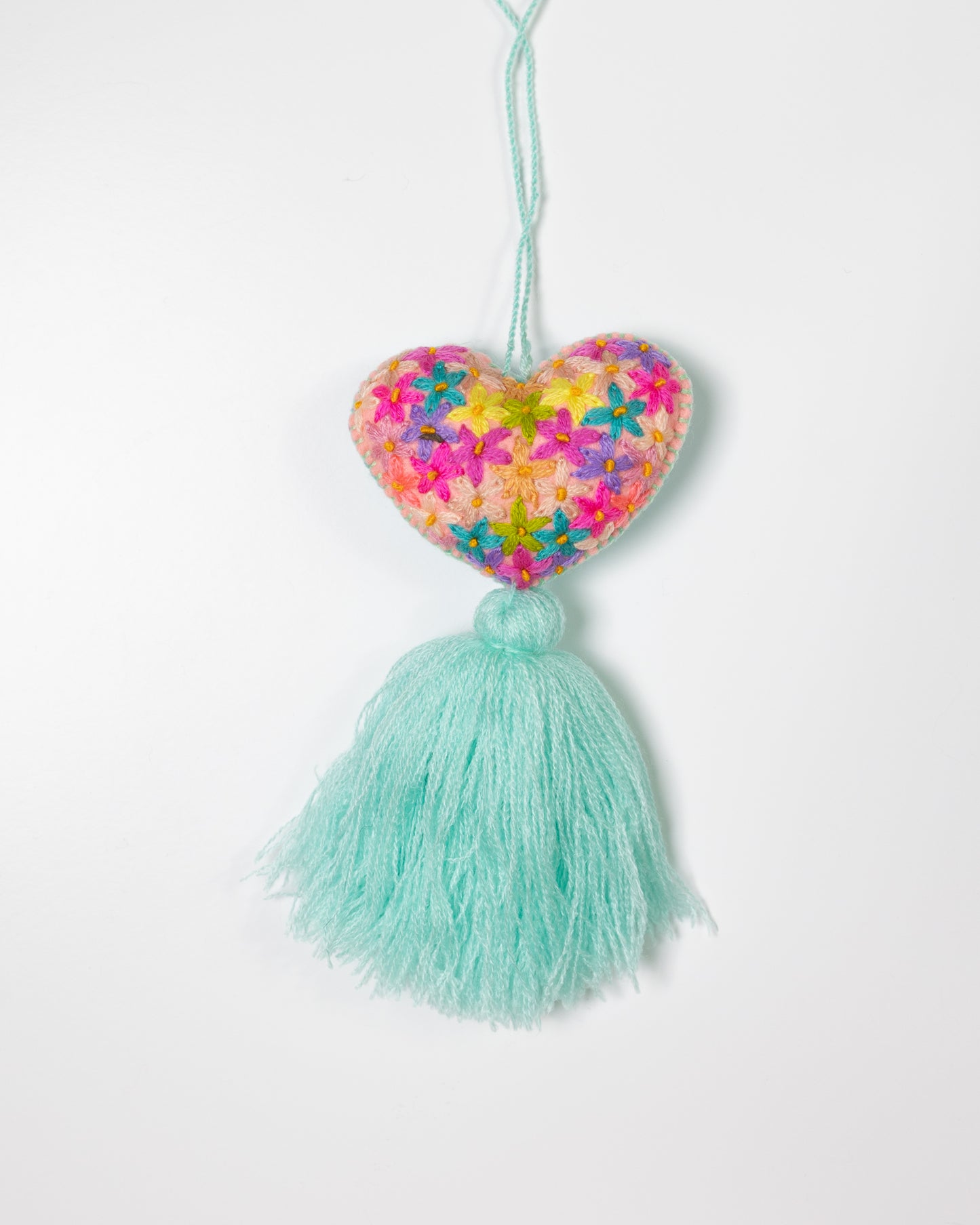 Colorful Flower Heart Tassel Bag Charm - Teal