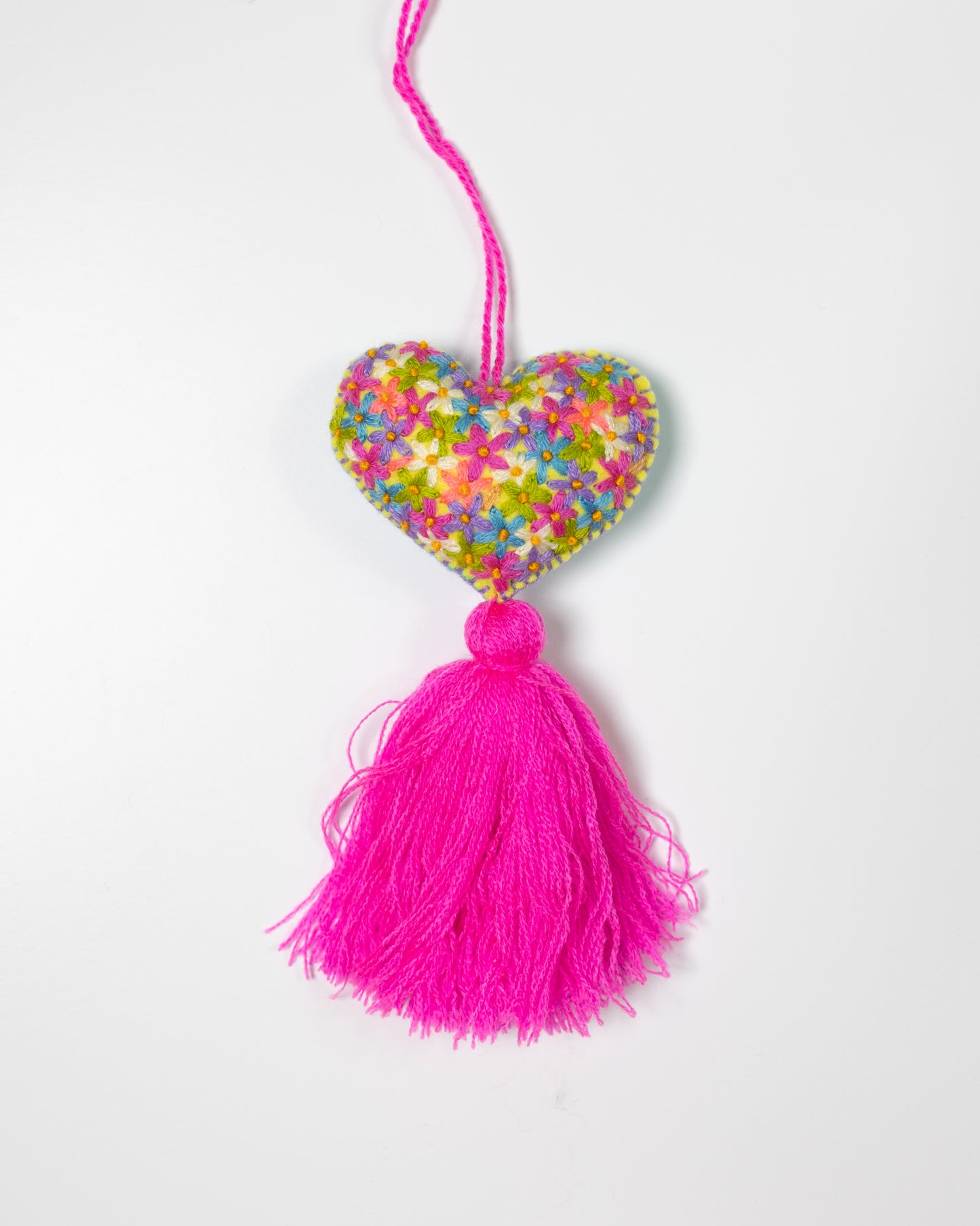 Colorful Flower Heart Tassel Bag Charm - Bright Pink