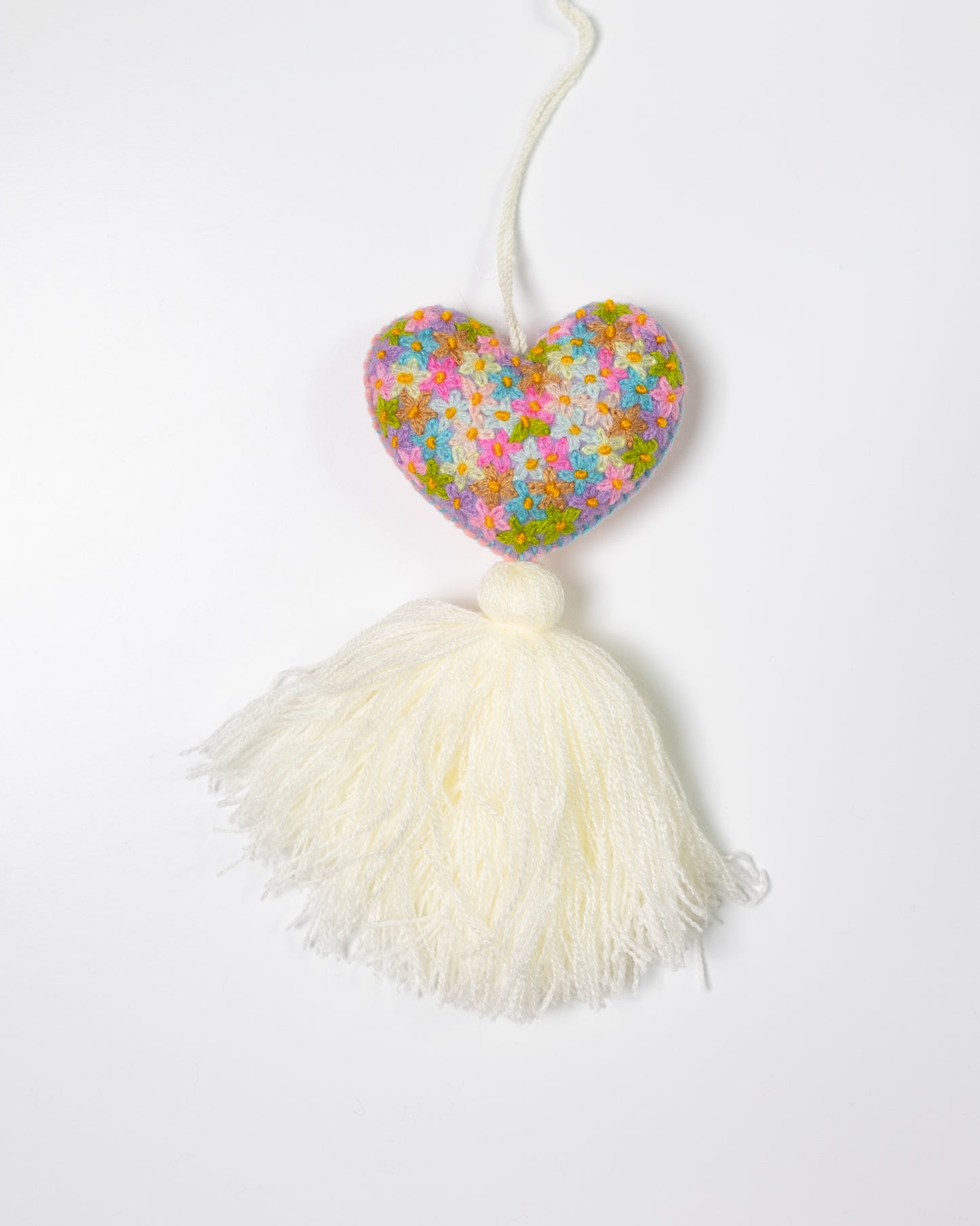 Colorful Flower Heart Tassel Bag Charm - Cream