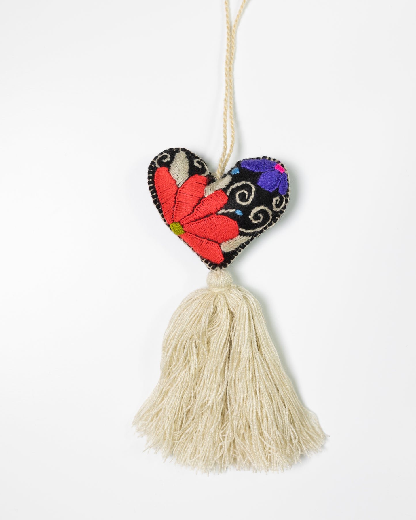 Bold Floral Heart Tassel Bag Charm - Dark coral and Lilac