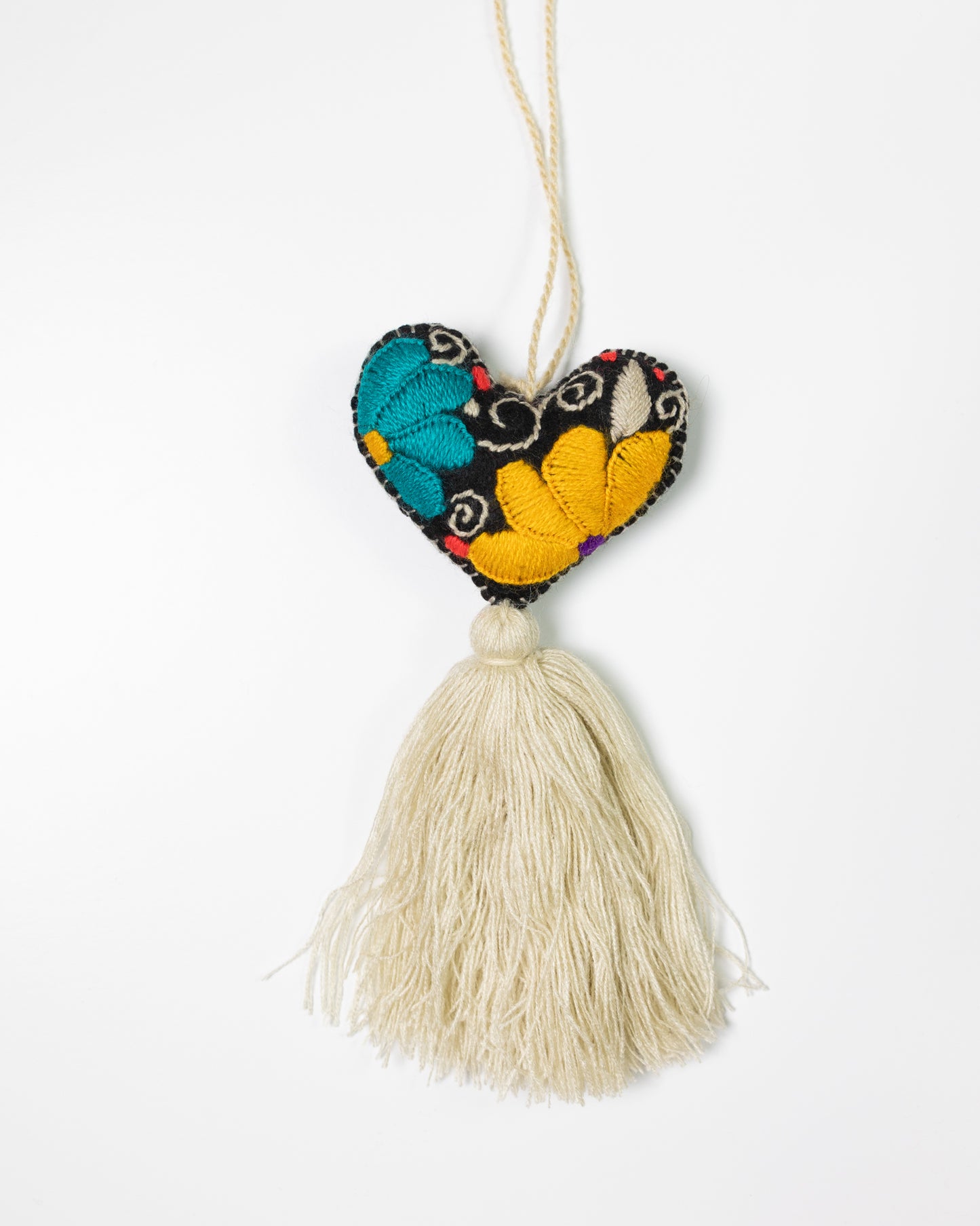 Bold Floral Heart Tassel Bag Charm - Teal and Yellow
