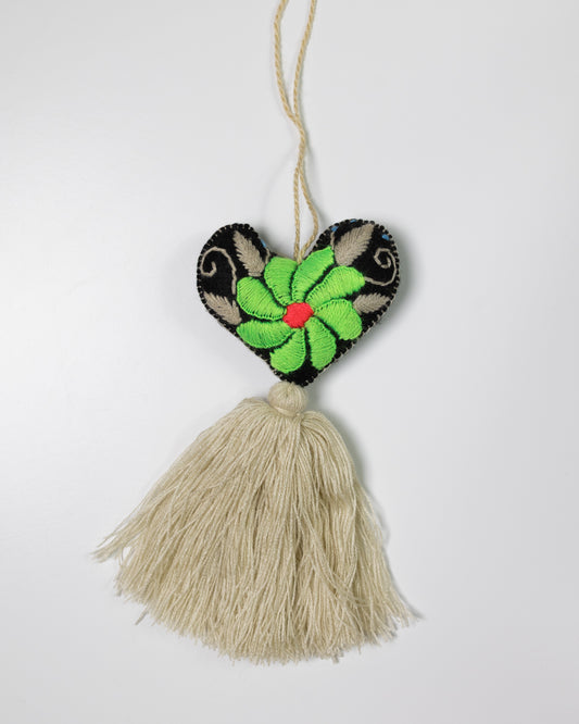 Bold Floral Heart Tassel Bag Charm - Bright Green