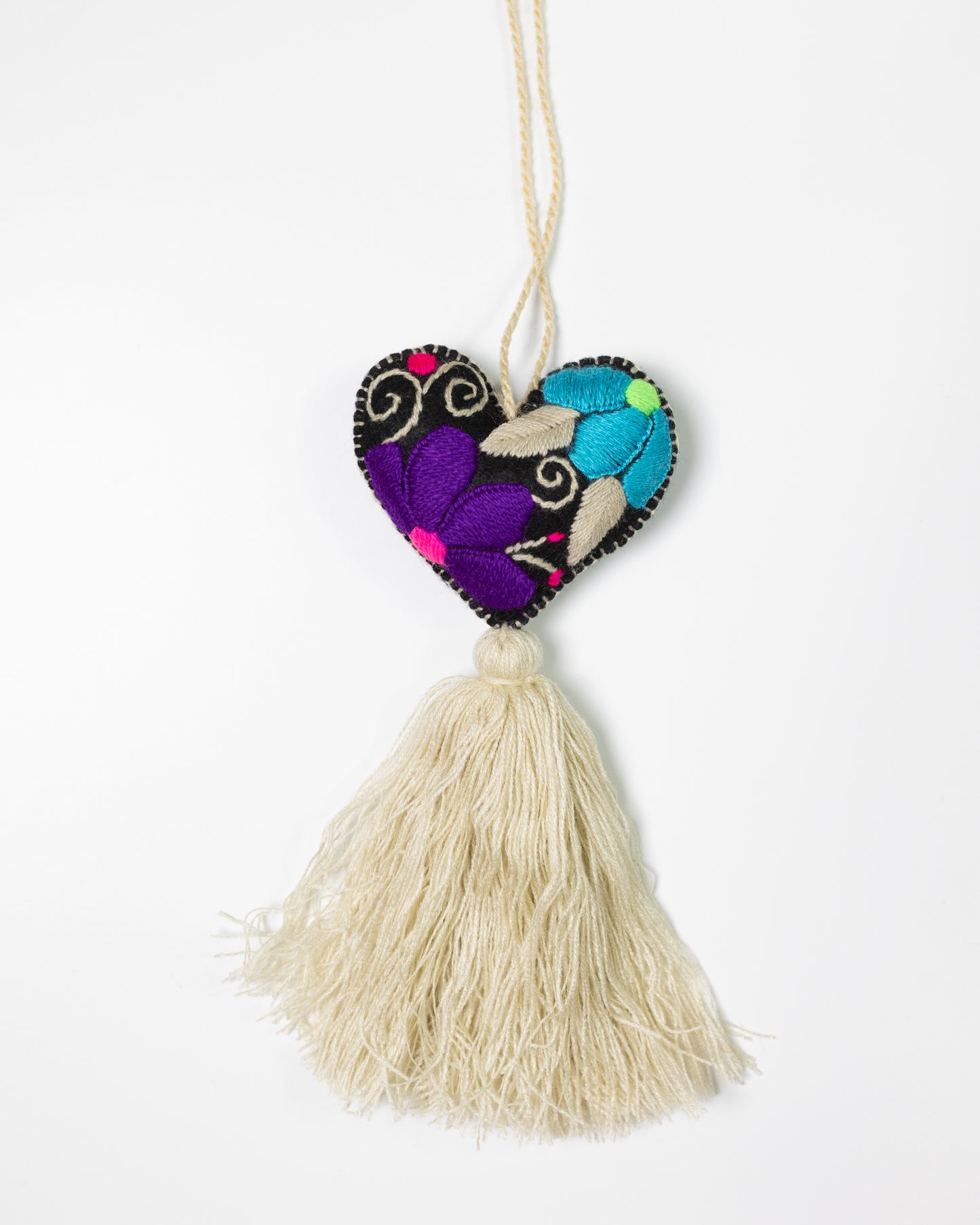 Bold Floral Heart Tassel Bag Charm - Purple and Blue