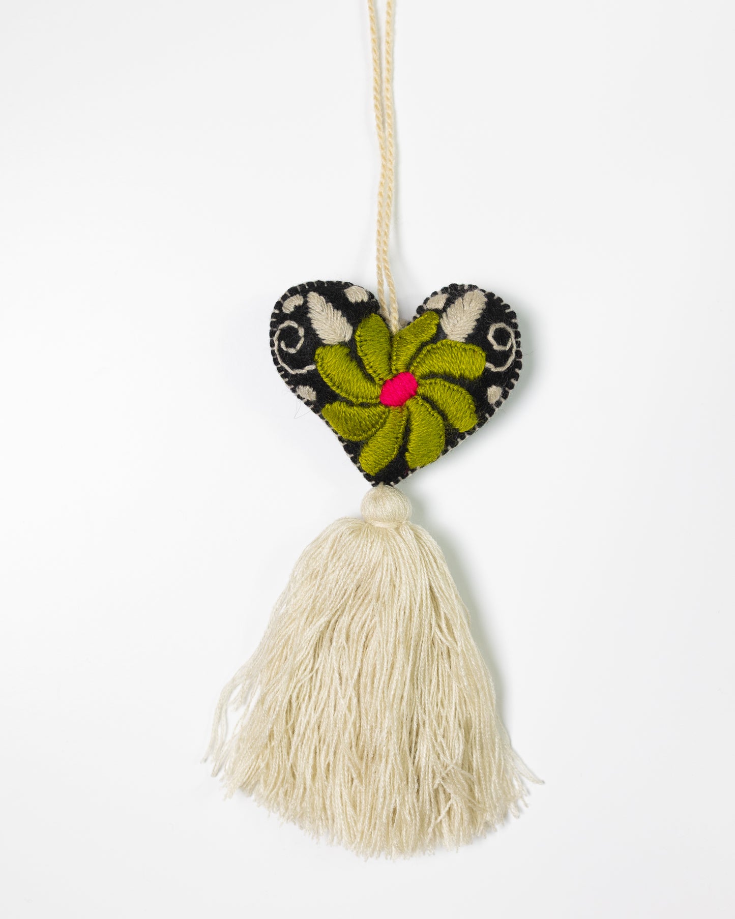 Bold Floral Heart Tassel Bag Charm - Olive Green