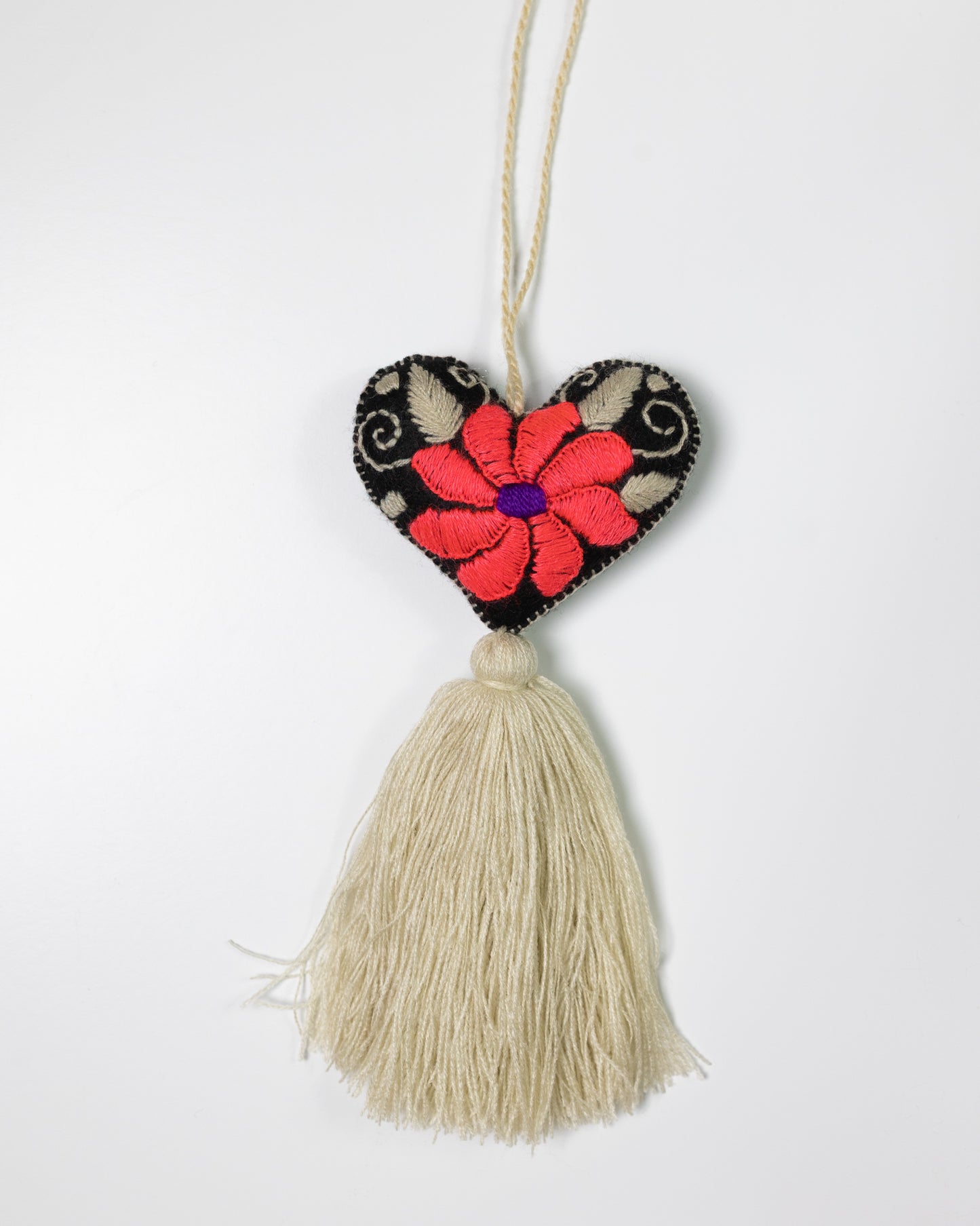 Bold Floral Heart Tassel Bag Charm - Dark coral
