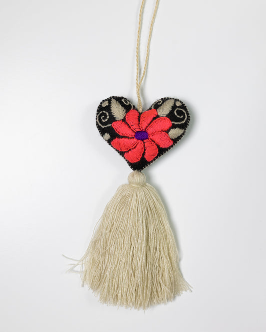 Bold Floral Heart Tassel Bag Charm - Dark coral