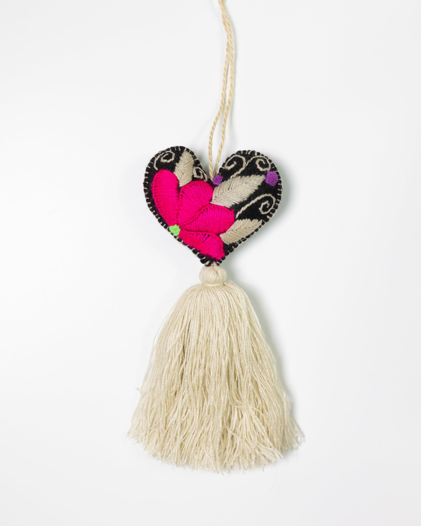 Bold Floral Heart Tassel Bag Charm - Hot Pink