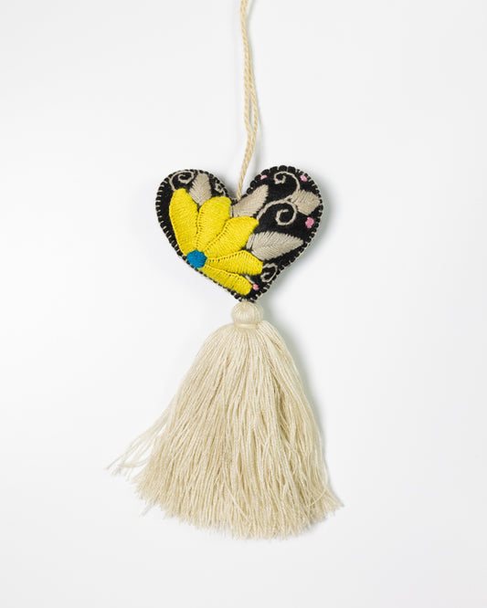 Bold Floral Heart Tassel Bag Charm - Bright Yellow