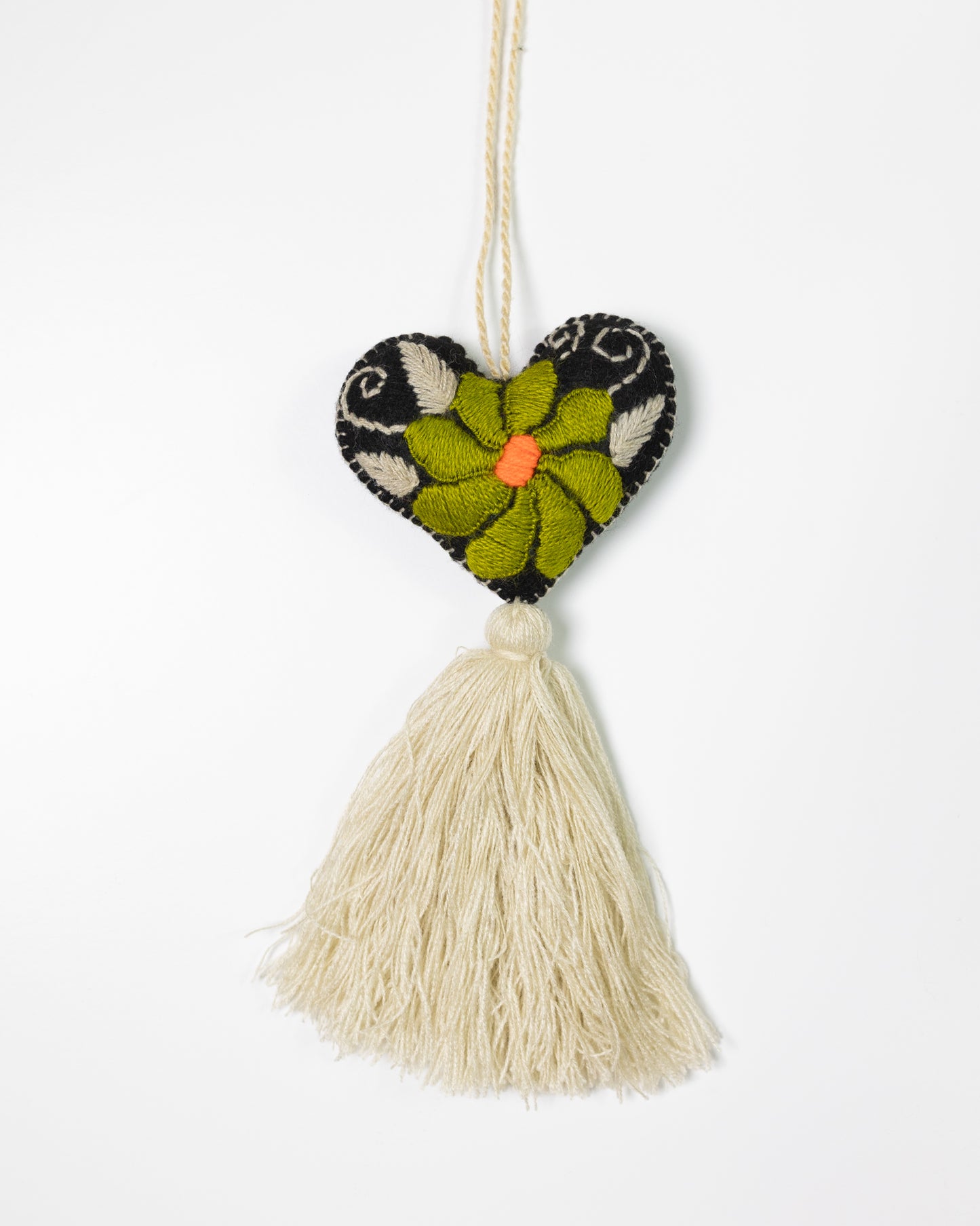 Bold Floral Heart Tassel Bag Charm - Olive Green 2