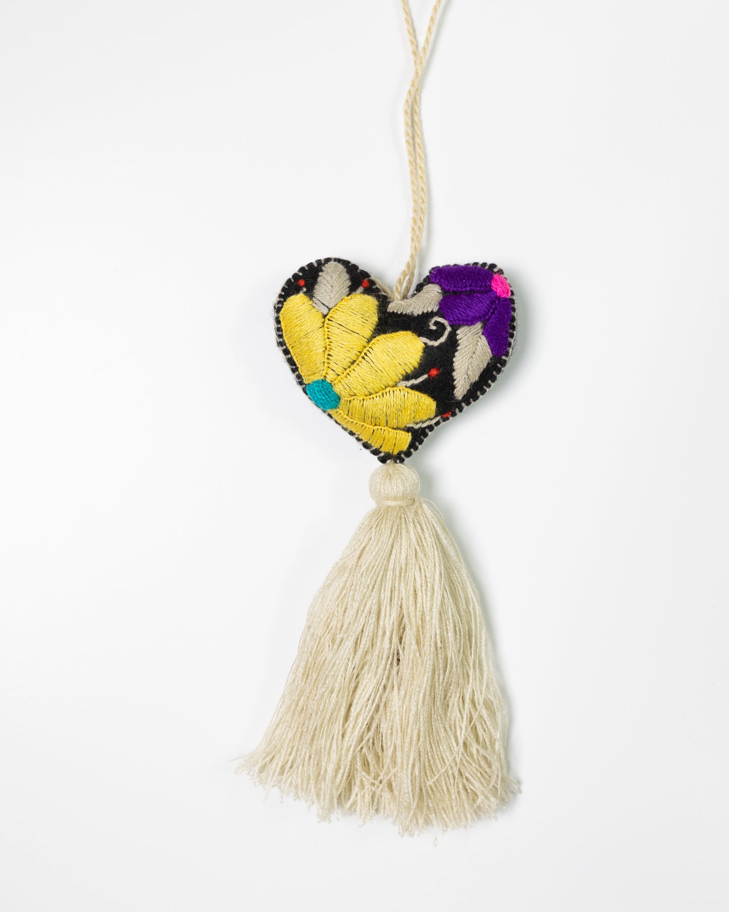 Bold Floral Heart Tassel Bag Charm - Yellow and Purple