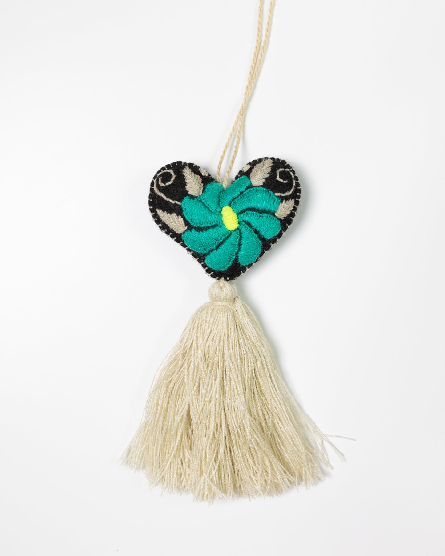Bold Floral Heart Tassel Bag Charm - Teal